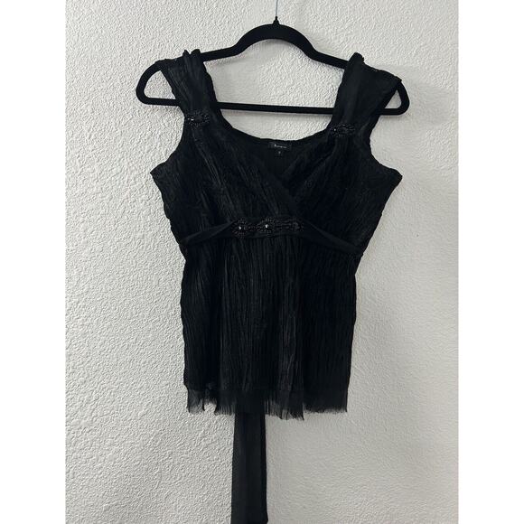 Komarov Tank Womens Babydoll Sz S Black Crinkle V Neck Y2k Bead WhimsiGoth Witch - Picture 1 of 13